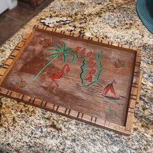 Vintage Florida Wooden Tray with Flamingo and Sailboat Design 11" X 6"